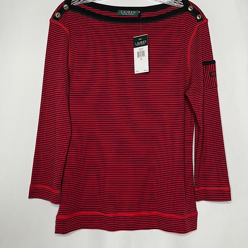 LAUREN Ralph Lauren 3/4 long sleeve black and red striped button detail top sz L